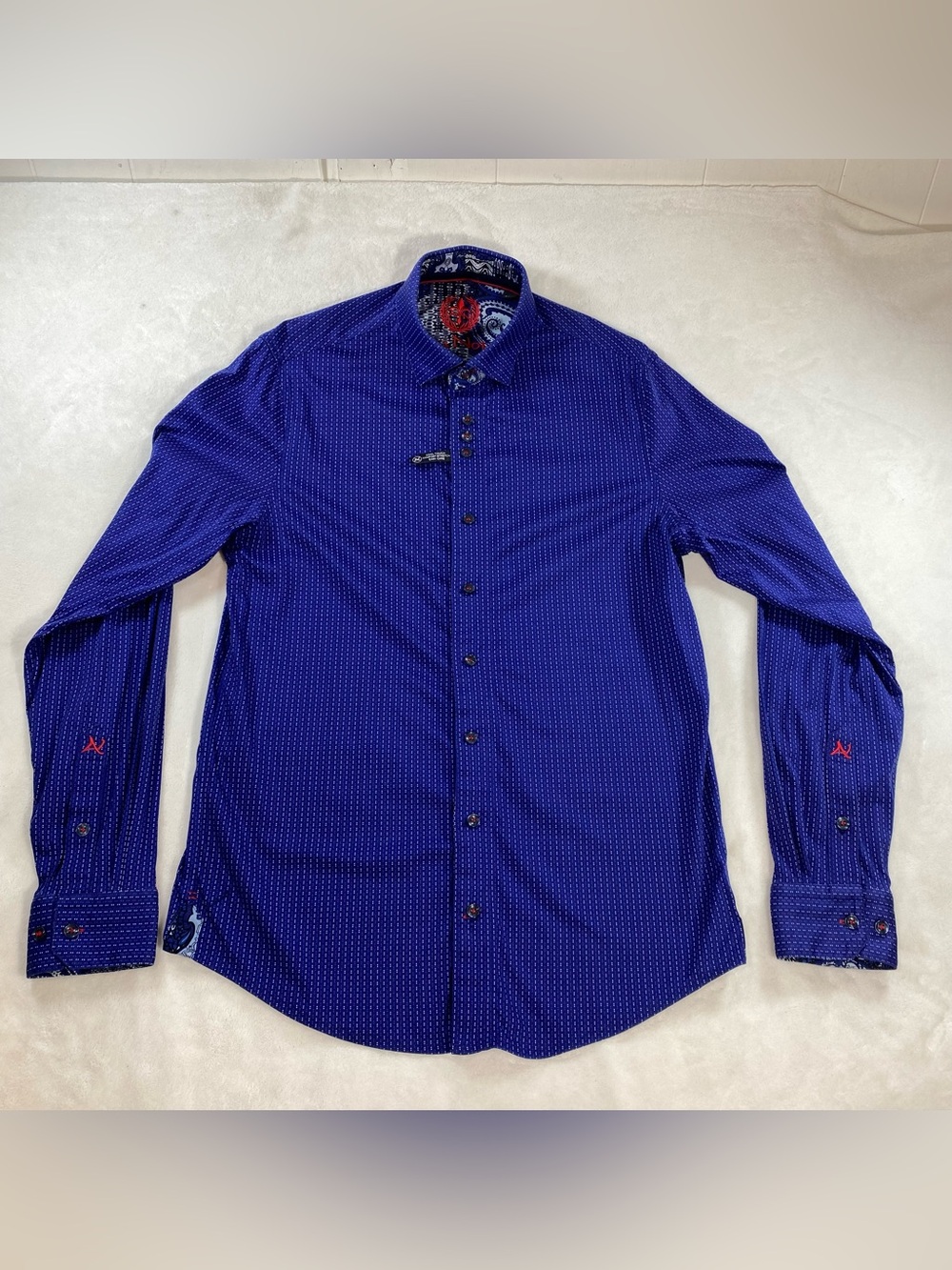 Au Noir Men's Royal Blue Micro Geometric Dress Shirt Size 2 S Paisley Trim NWOT